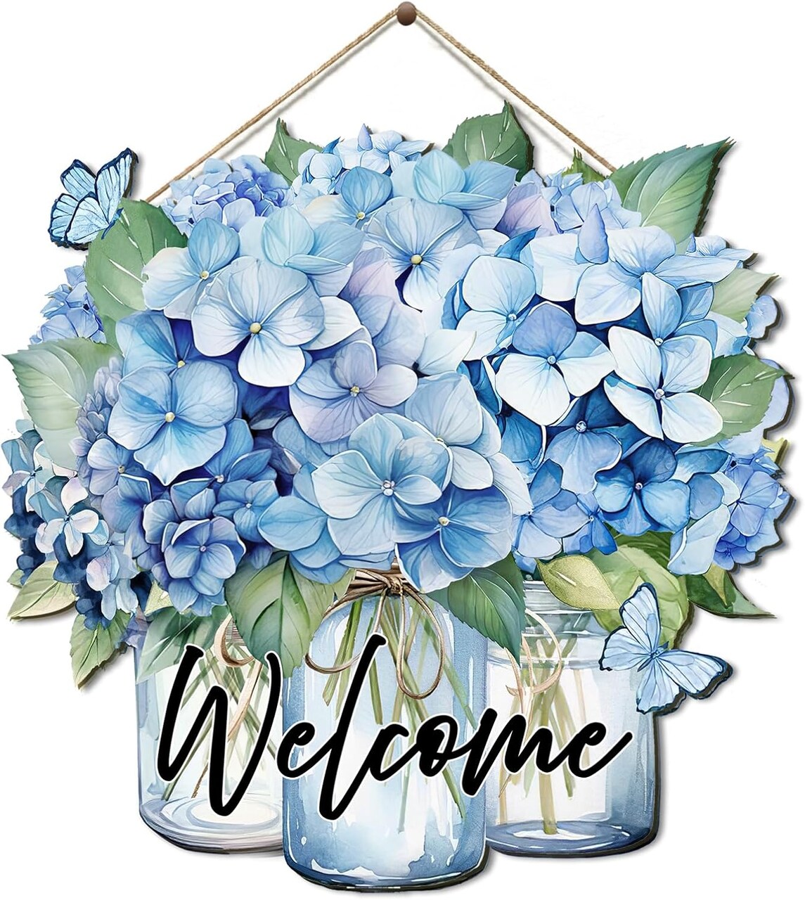 Spring Summer Floral Butterfly Welcome Door Sign – Farmhouse Porch Wall Decor (Blue)
